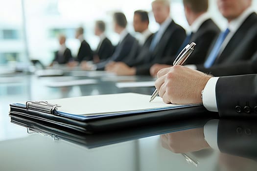 A man is writing on a notepad in front of a group of people. Concept of professionalism and focus, as the man is likely taking notes during a meeting or presentation. The presence of the notepad