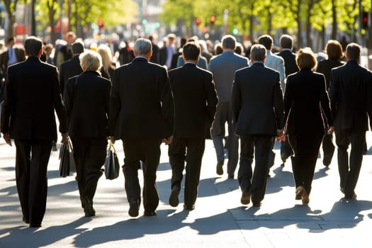 A group of people walking down a street in suits. Scene is professional and serious