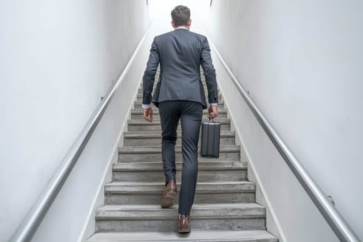 A man in a suit is walking up a set of stairs with a briefcase in his hand. Concept of professionalism and formality, as the man is dressed in a suit and carrying a briefcase