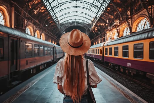 A woman wearing a straw hat stands on a train platform. She is holding a handbag and she is waiting for a train. Concept of anticipation and travel, as the woman is about to embark on a journey