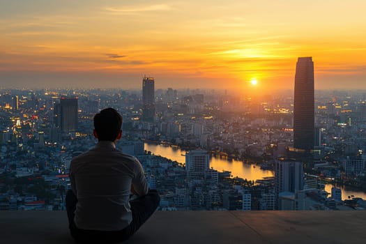 A man is sitting on a ledge overlooking a city at sunset. The sky is orange and the city is lit up with lights. The man is in a contemplative mood, taking in the beauty of the city and the sunset