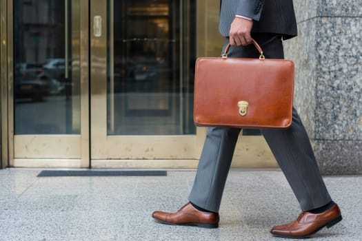 A man wearing a suit and carrying a brown briefcase walks down a sidewalk. Concept of professionalism and formality, as the man is dressed in a suit and carrying a briefcase
