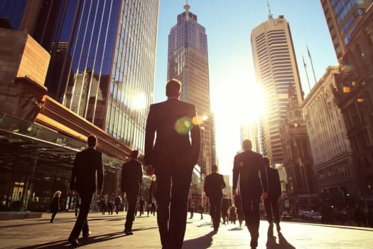 A group of people walking down a city street on a sunny day. The people are dressed in business attire, and the city is bustling with activity. Scene is lively and energetic