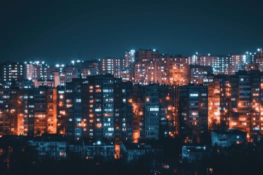 The city at night is lit up with many buildings glowing in the darkness. The lights create a peaceful and serene atmosphere, making the city look like a dreamy, tranquil place. The buildings are tall