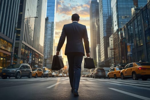 A man in a suit is walking down a city street with two briefcases. The scene is set in a busy urban environment with cars and taxis driving by. The man is in a hurry