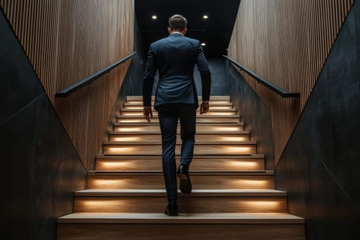 A man in a suit is walking up a set of stairs. Concept of professionalism and formality, as the man is dressed in a suit and tie. The stairs themselves are made of wood
