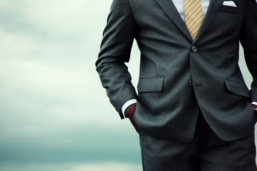 A man in a suit with a yellow tie and a white shirt. He is standing with his hands in his pockets