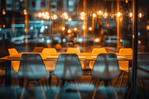 A group of white chairs are arranged around a table in a restaurant. The chairs are facing the street, and the table is covered with papers. The scene is dimly lit, giving it a cozy