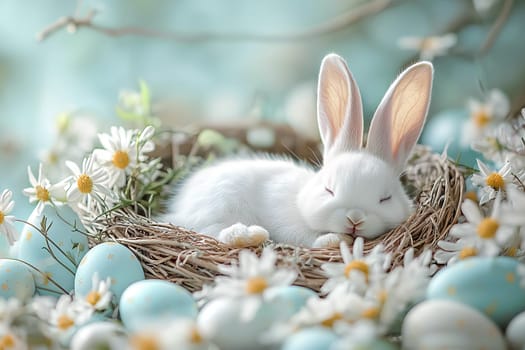 Cute white bunny sleeping in a basket with colorful Easter eggs, surrounded by spring flowers and fresh greenery in the morning light.