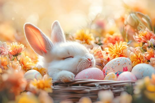 Cute white bunny sleeping in a basket with colorful Easter eggs, surrounded by spring flowers and fresh greenery in the morning light.