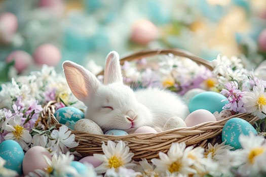 Cute white bunny sleeping in a basket with colorful Easter eggs, surrounded by spring flowers and fresh greenery in the morning light.