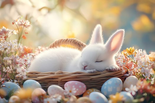 Cute white bunny sleeping in a basket with colorful Easter eggs, surrounded by spring flowers and fresh greenery in the morning light.