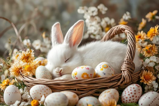Cute white bunny sleeping in a basket with colorful Easter eggs, surrounded by spring flowers and fresh greenery in the morning light.