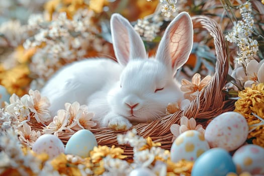 Cute white bunny sleeping in a basket with colorful Easter eggs, surrounded by spring flowers and fresh greenery in the morning light.