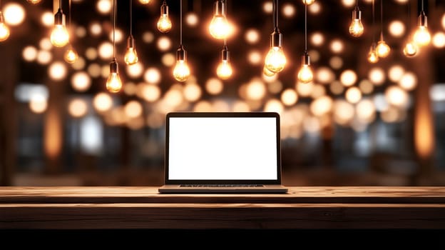 Laptop with blank white screen standing on wooden table under hanging light bulbs, perfect for showcasing designs and mockups