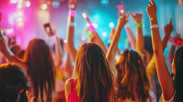 Young people enjoying live music, raising their hands and dancing at a music festival