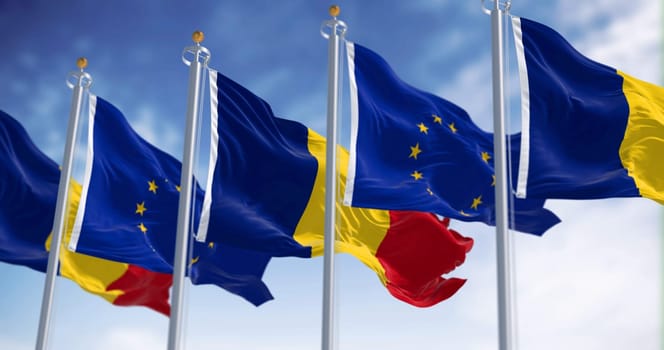 Romania and European Union flags waving in the wind on a clear day. Eu member since January 2007. 3d illustration render. Fluttering fabric