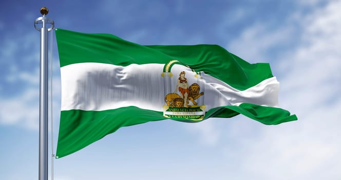 Andalusia flag waving in the wind on a clear day. Three horizontal stripes: green, white and green. Coat of arms superimposed on the central stripe. Selective focus. 3d illustration render