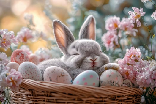 Adorable gray bunny sleeping in a basket with Easter eggs among spring flowers, symbol of the Easter holiday. AI generated.