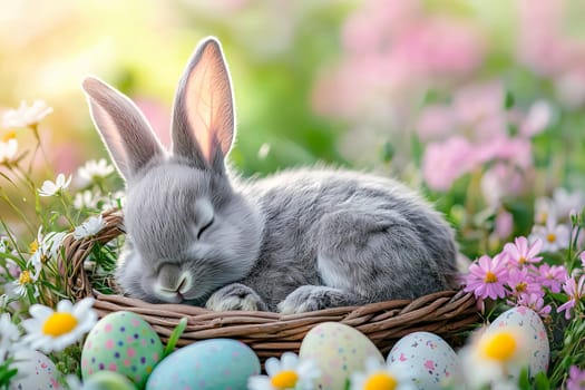 Adorable gray bunny sleeping in a basket with Easter eggs among spring flowers, symbol of the Easter holiday. AI generated.