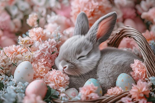 Adorable gray bunny sleeping in a basket with Easter eggs among spring flowers, symbol of the Easter holiday. AI generated.