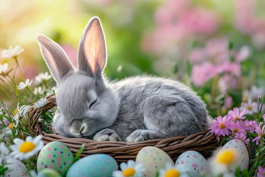 Adorable gray bunny sleeping in a basket with Easter eggs among spring flowers, symbol of the Easter holiday. AI generated.