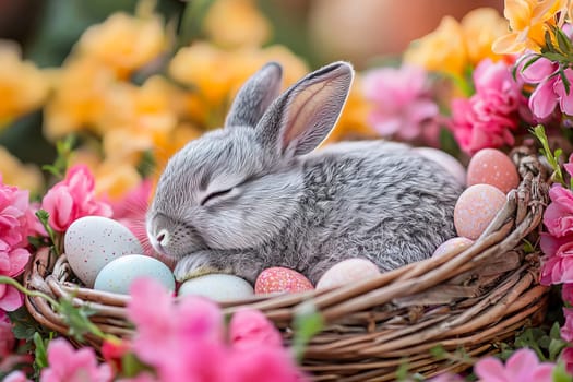 Adorable gray bunny sleeping in a basket with Easter eggs among spring flowers, symbol of the Easter holiday. AI generated.