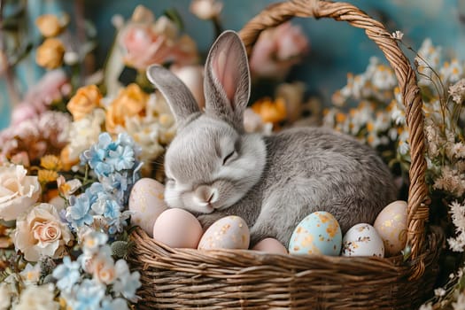Adorable gray bunny sleeping in a basket with Easter eggs among spring flowers, symbol of the Easter holiday. AI generated.
