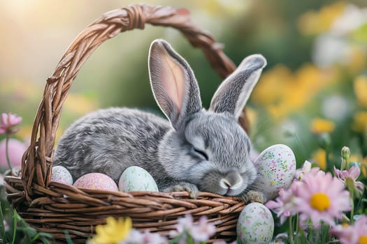 Adorable gray bunny sleeping in a basket with Easter eggs among spring flowers, symbol of the Easter holiday. AI generated.