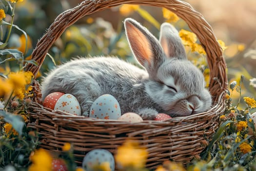 Adorable gray bunny sleeping in a basket with Easter eggs among spring flowers, symbol of the Easter holiday. AI generated.