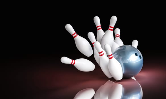 Bowling ball knocking down white red bowling pins black background 3d