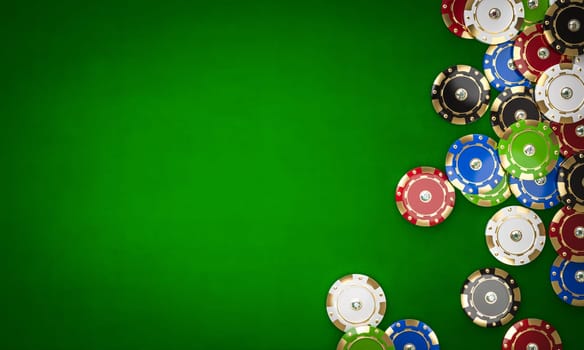 Poker chips scattered on green table creating gambling background 3d