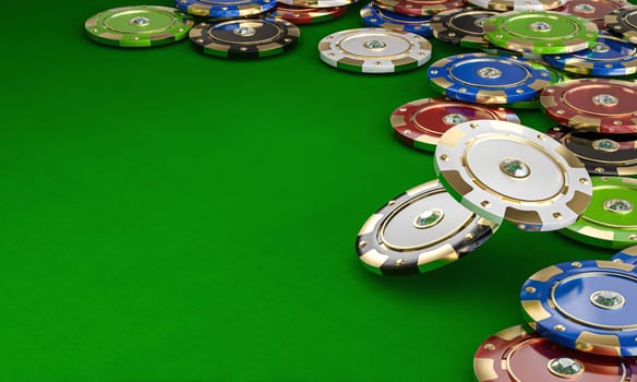 Casino chips falling on green table gambling background 3d