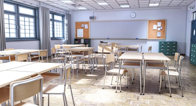 Empty classroom with wooden desks and chairs 3d background