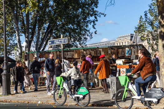 Second hand book shops along the Seine River i Paris, France - February 10, 2025