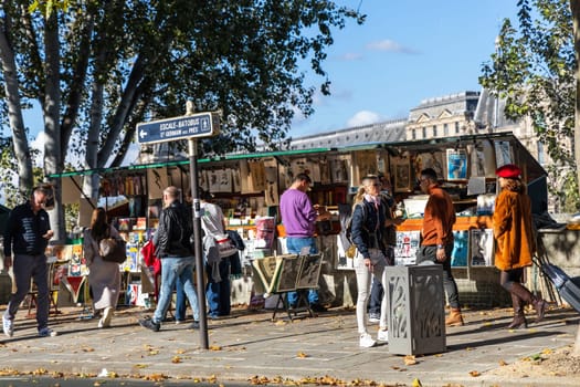 Second hand book shops along the Seine River i Paris, France - February 10, 2025