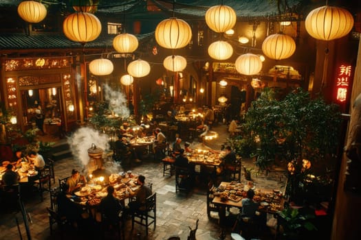 A vibrant courtyard filled with diners enjoying traditional meals under glowing lanterns. Smoke rises from cooking stations as laughter and chatter fill the air during an enchanting evening.