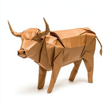 A lifelike origami cow is displayed, crafted from brown paper with careful folds and sharp features. The sculpture highlights the artistry behind paper folding and intricate design.