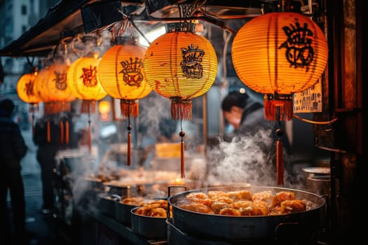 At a bustling night market, a food stall serves steaming dumplings while vibrant lanterns illuminate the scene. The aroma fills the air, attracting eager customers.