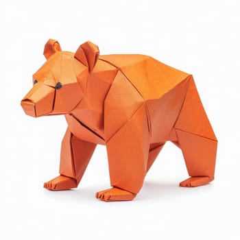 A beautifully designed origami bear made from vibrant orange paper stands on a white background. This piece showcases exceptional craftsmanship, ideal for art enthusiasts or educational purposes.