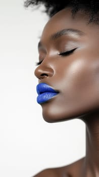 Closeup beautiful woman with blue tones lipstick . BlueLipstick Swatch
