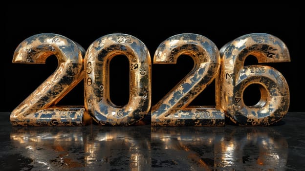 Large, shiny digits representing the year 2026 stand prominently on a reflective surface, showcasing detailed designs and textures. The background is dark, enhancing the focus on the numbers.