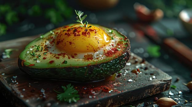 A vibrant avocado half holds a perfectly cooked sunny-side-up egg, garnished with spices and herbs, resting on a rustic wooden board surrounded by fresh ingredients.