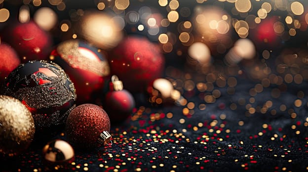 Colorful Christmas ornaments in red and gold are arranged on a dark surface, sparkling as festive lights create a joyful ambiance perfect for holiday gatherings.