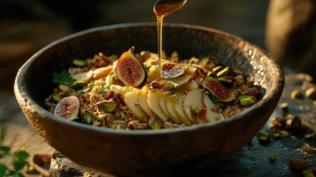 A bowl filled with oatmeal showcases fresh sliced apples and figs, sprinkled with nuts and a drizzle of honey, set against a rustic background with warm, natural lighting.