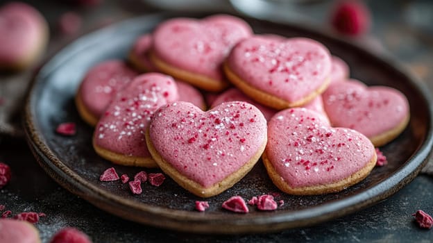 Sweet heart-shaped cookies are beautifully arranged on a rustic plate. The pink frosting is adorned with raspberry sprinkles, creating an inviting dessert ideal for celebrations.