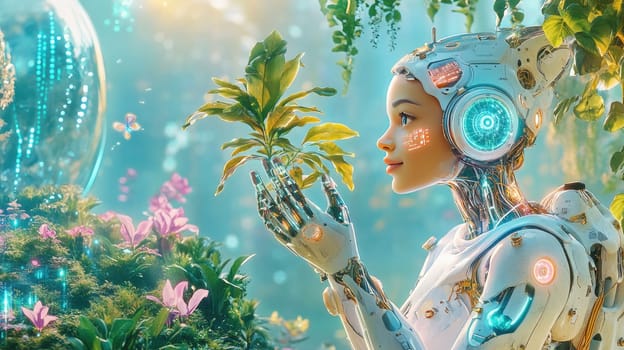 A robot interacts with a delicate plant in an enchanting garden, surrounded by luminous flowers and a sparkling atmosphere, evoking a sense of harmony with nature.