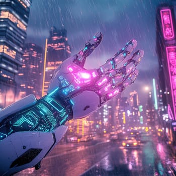 A robotic hand adorned with vibrant lights reaches out towards the bustling city, which is illuminated by neon signs and reflections on wet streets during a rain shower at night.