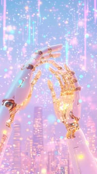 Robotic hands adorned with golden accents extend towards each other, surrounded by glowing particles and a vibrant city skyline illuminated by twilight.
