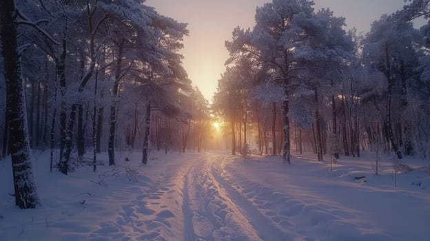 A serene winter morning reveals a snowy path winding through a peaceful forest. Sunlight breaks through the trees, casting a warm glow on the frost-covered ground.